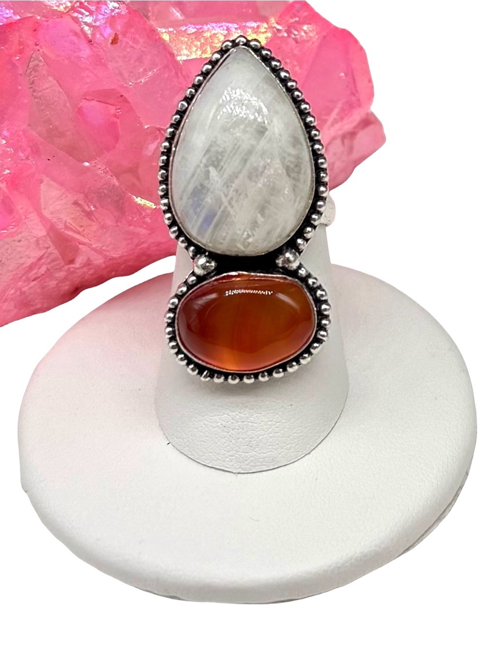 Carnelian & Rainbow Moonstone Ring Size 5.5 925 Sterling Silver Overlay